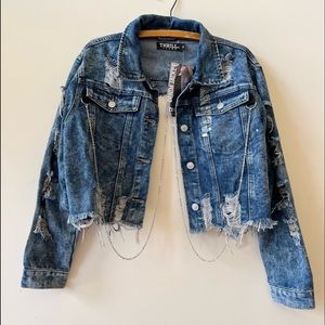 Distressed Dark Wash Denim Cropped Jacket